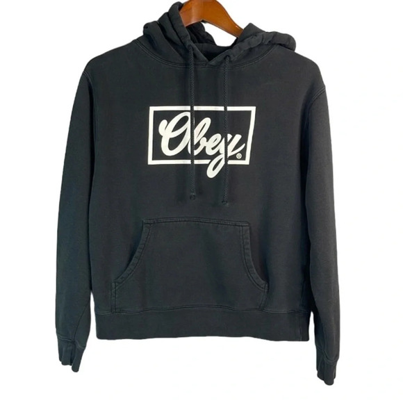 OBEY Graphic Logo Long Sleeve Hoodie Sweatshirt Black Kangaroo Pocket *As Is* M - Picture 2 of 12
